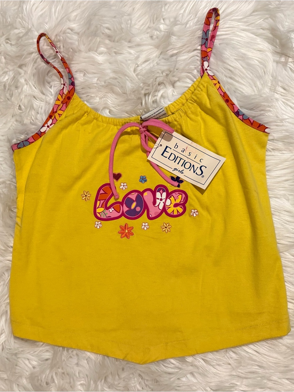 Vintage Y2K Basic Editions Girls 10/12 Yellow Floral Love Cami Tank NWT